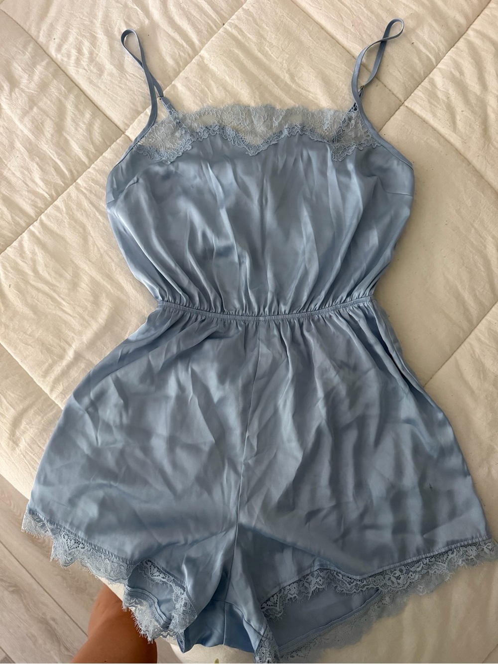 Abercrombie & Fitch Light Blue Satin Lace-Trim Romper Pajama
